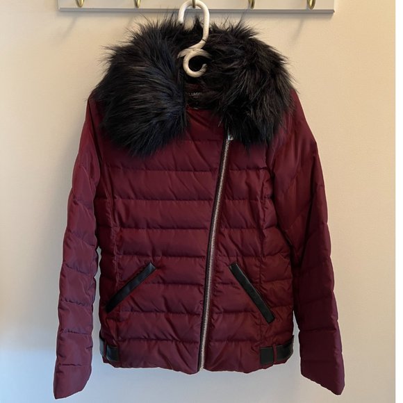 Karl Lagerfeld Burgundy Down Puffer Jacket with Faux Fur - Picture 1 of 9